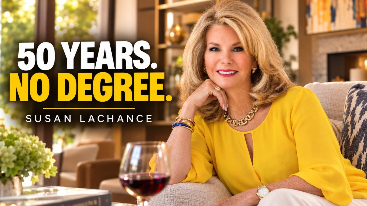 Image of Susan Lachance with the caption "50 YEARS. NO DEGREE." next to her
